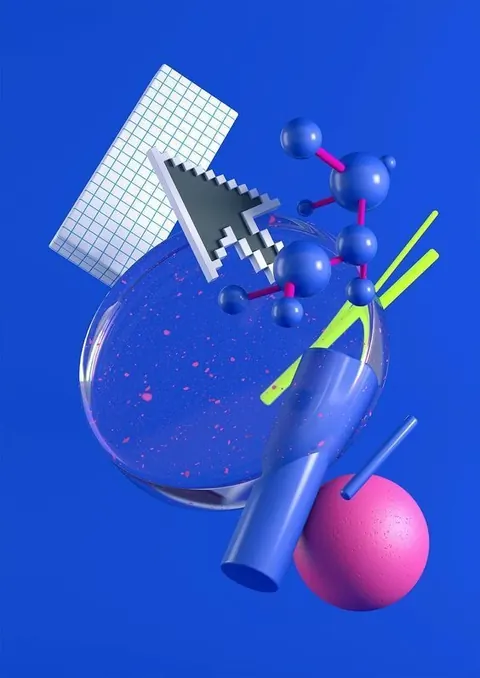 3D render: a pixel cursor, grid sheet, glass sphere, molecule model and pink ball floating on electric blue.