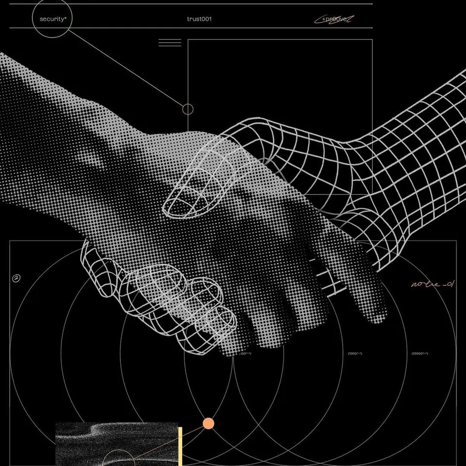 Halftone photographic hand shaking a white wireframe 3D hand on black, with thin technical UI lines.