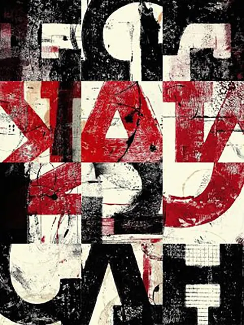 Dense letterpress-style type collage in black, red and cream with distressed ink.